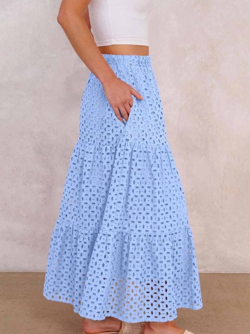 Rayon Maxi Skirt High Waist Tiered Eyelet A-Line Beach Vacation - Picture 4 of 7